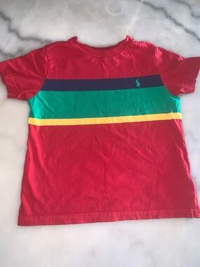 Ralph Lauren Red Short-Sleeve Tee with Green, Navy & Yellow Stripes